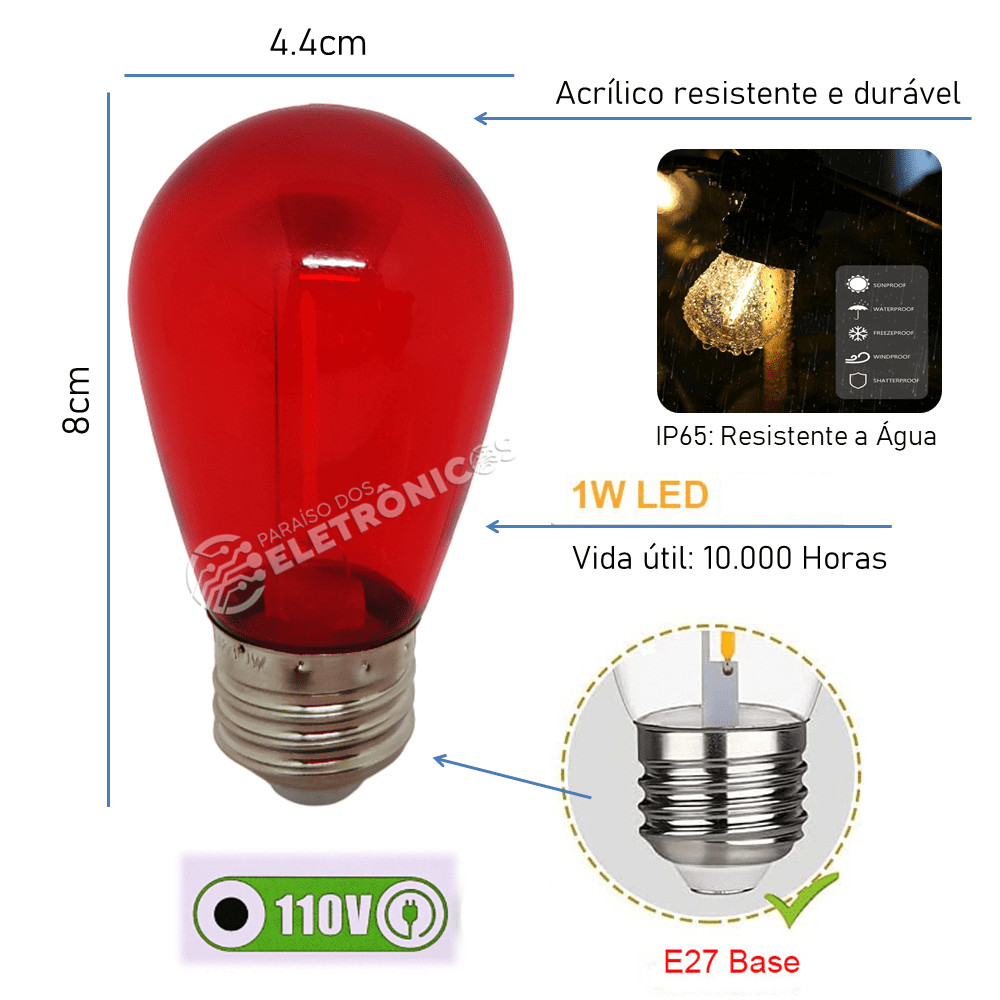 Kit 10 Lâmpadas Luz Led Vermelho Retrô Iluminar E Decorar Para Spots  Luminárias 61464VM
