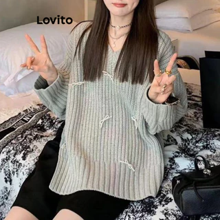 Lovito Suéter casual com laço liso para mulheres LNA71413