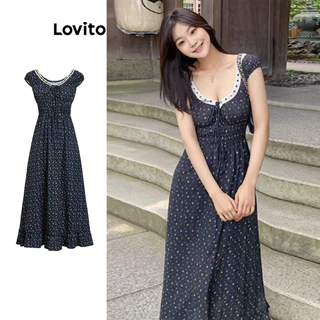 Lovito Vestido de renda com acabamento em alface floral elegante Ditsy para mulheres L99ED544