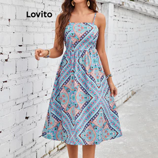 Lovito Vestido com estampa tribal boho e babados para mulheres LBL17392