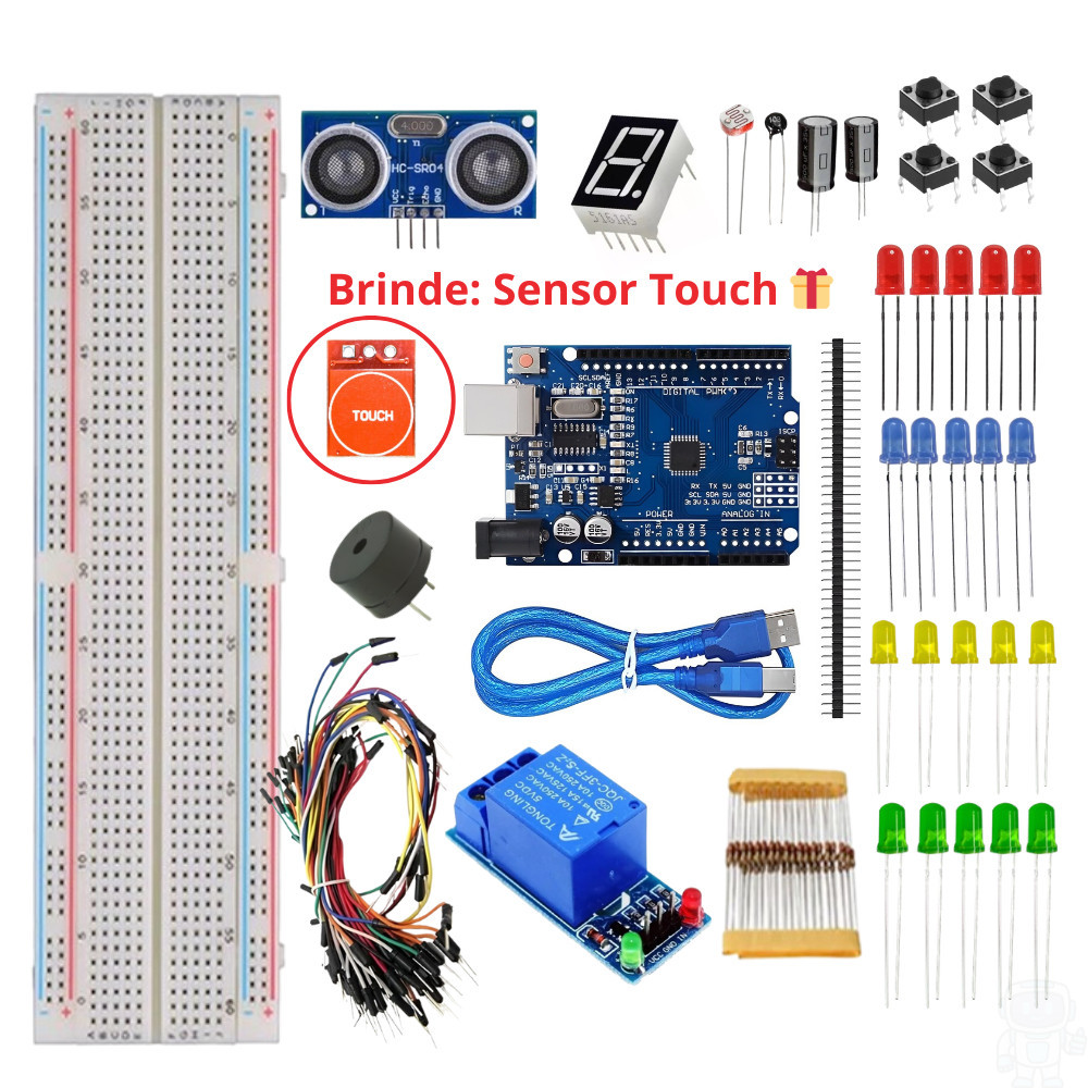 Kit Uno R3 Maker 100pcs c/ protoboard rele sensor ultrassonico p ...