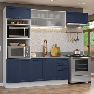 Armário de Cozinha Completa 270 cm Branco/Azul Vik Madesa 03 em Oferta na Shopee