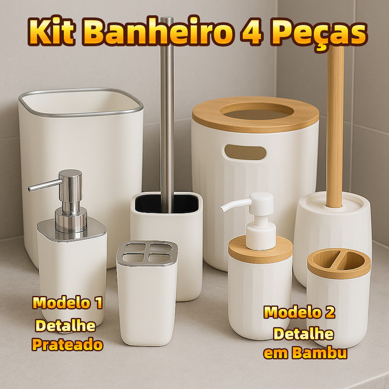 Kit Banheiro 4 Peças Quadrado Liso E Redondo Ondulado Detalhes em Bambu ...