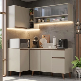 Armário de Cozinha Completa de Canto 265 cm Crema Nice Madesa 02 em Oferta na Shopee