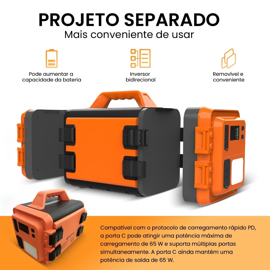 Estação de Energia Portátil 1000W Saída USB-C PD 65W, Carregamento