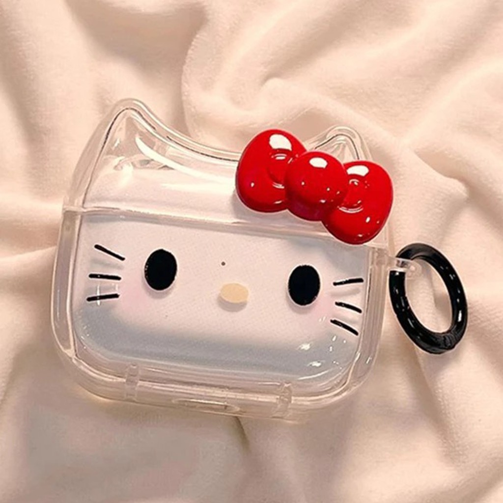 Airpods 4 Pro 3 2 1 Sweet 3D Red Bowknot Decor Hello Kitty Cat Shape Soft TPU Capa De Fone De Ouvido À Prova De Cho