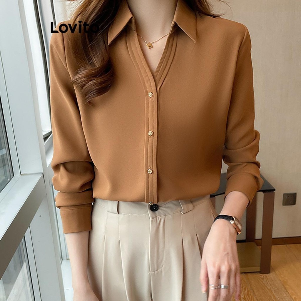Lovito Blusa elegante plissada com botão liso para mulheres LNL64153