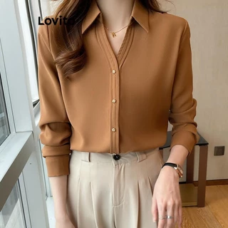 Lovito Blusa elegante plissada com botão liso para mulheres LNL64153