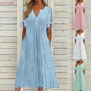 [kaan] Vestido Longo Mulher V Pescoço Maxi Casual Solto Cintura Alta Bordado Manga Curta Festa Sexy Com Bolso BR