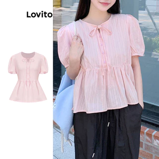Lovito Blusa feminina elegante com botão listrado e estampa de renda L100MD075