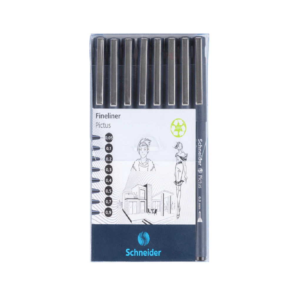 ESTOJO CANETA NANQUIM FINELINER PICTUS SCHNEIDER 8 PONTAS