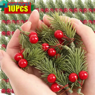 5/10 Unidades De Frutas De Agulha De Pinheiro Artificial De Natal-Hastes De Flores De Simulação Com Pinha De Neve-Pingente De Enfeites De Árvore Artesanato De Embrulho De Embalagem-Vermelho Azevinho/Douradas