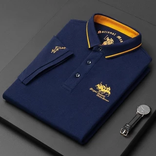 Novo estilo de Polo de verão, 2024, camisa Polo bordada de manga curta masculina, Polo de lapela Casual de negócios de alta qualidade, Top de seda masculino
