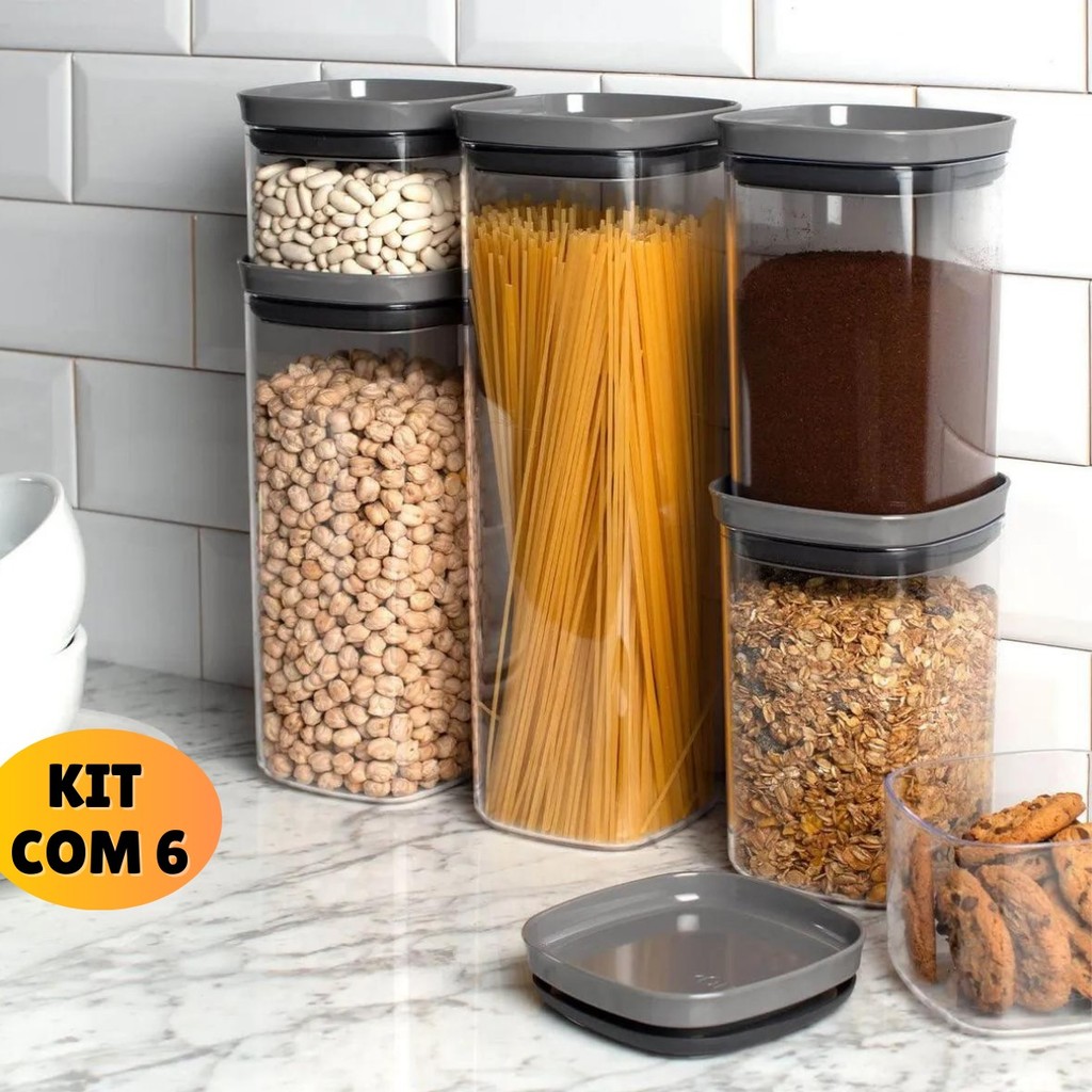 6 Potes Herméticos em Acrílico Cristal para Cozinha e Design Empilhável Organizador para Mantimentos | Shopee Brasil