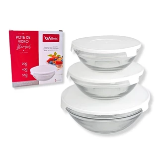 Conjunto 3 Potes Tigela De Vidro 200ml 400ml 550ml Tampa e Trava Branca De Plástico Armazenar Comida Geladeira Salada