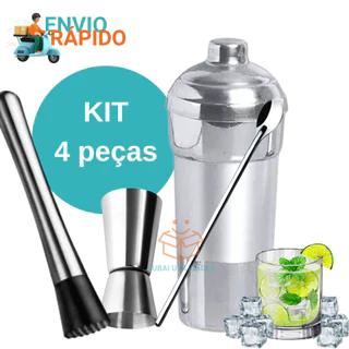 Kit Combo Bar 4 Peças Coqueteleira Alumínio socador dosador duplo e colher de suco para Bares Restaurantes
