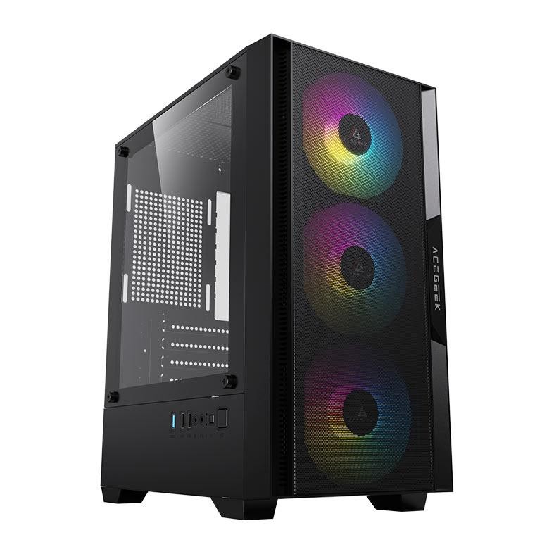 Gabinete Gamer Acegeek Stratus Mesh, Rainbow, Mid-Tower, Com 3 Fans, Preto, AG-STRATUS-MESH-BK-I3F