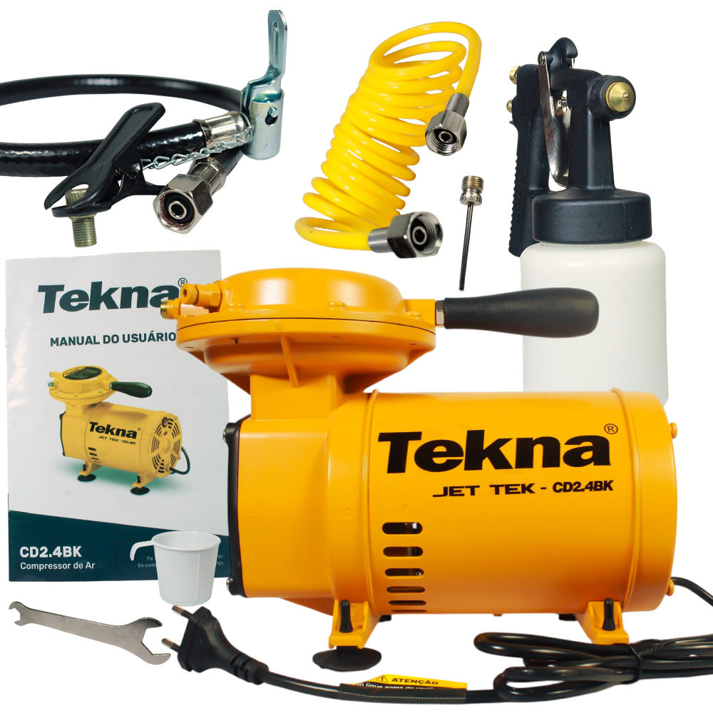 Kit Compressor de Ar Tekna CD2.4BK Bivolt Pistola Mangueira e Acessórios Para Pintura Enchimento