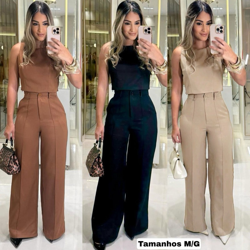 Conjunto de Calça Crepe Alfaiataria com Croped