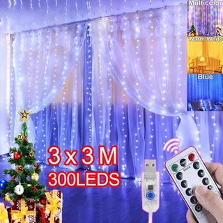 3x3M Cortina Luzes 300 LED 8 Modos Fada USB Alimentado à Prova d