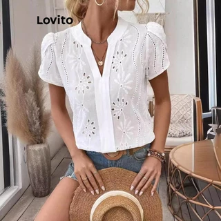 Lovito Blusa casual com bordado de ilhós liso para mulheres LNL73313