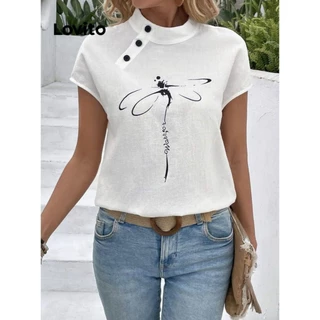 Lovito Camiseta casual com estampa de botão liso para mulheres LNL75157