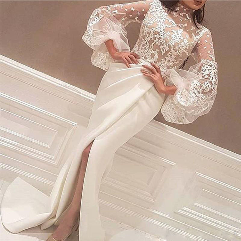 Mulheres Em Torno Do Pescoço Mangas Compridas Rendas Dividir Noiva Damas De Honra Casamento Vestido Longo Festa Maxi Vestidos De Baile