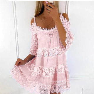 Transfronteiriço Amazon Princess Wind Vestido europeu e americano Vestido de renda fora do ombro Vestido solto Moda de cor sólida