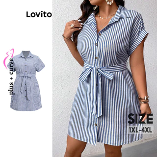 Lovito Vestido plus size casual listrado com botão com renda para mulheres LBL16473