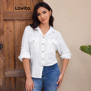 Lovito Blusa elegante com bolso e botão liso para mulheres LBL14044