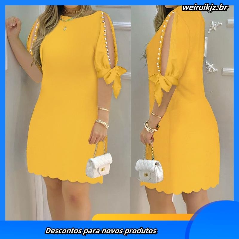 Vestido solto curto com gola redonda de temperamento feminino de cor sólida (25046)