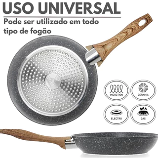 Frigideira Antiaderente de Alumínio Revestimento Cerâmico Premium Funda Cabo Madeira Não Gruda Tiko