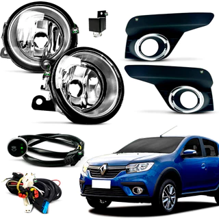 Kit Farol Auxiliar Milha Sandero 2019 2020 2021 2022 2023 2024 2025 Preta C/ Aro Cromado Botao Touch