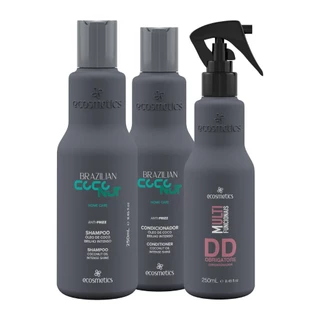 Kit Ecosmetics Brazilian Coconut Shampoo Anti-frizz 250ml, Condicionador Anti-Frizz 250ml, DD Obrigatore 250ml