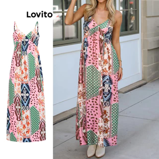 Lovito Vestido Boho Patchwork Padrão Geométrico Smocked para Mulheres LBL17767