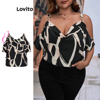 Lovito Blusa plus size curva casual de metal geométrico de ombro frio para mulheres LBL13416