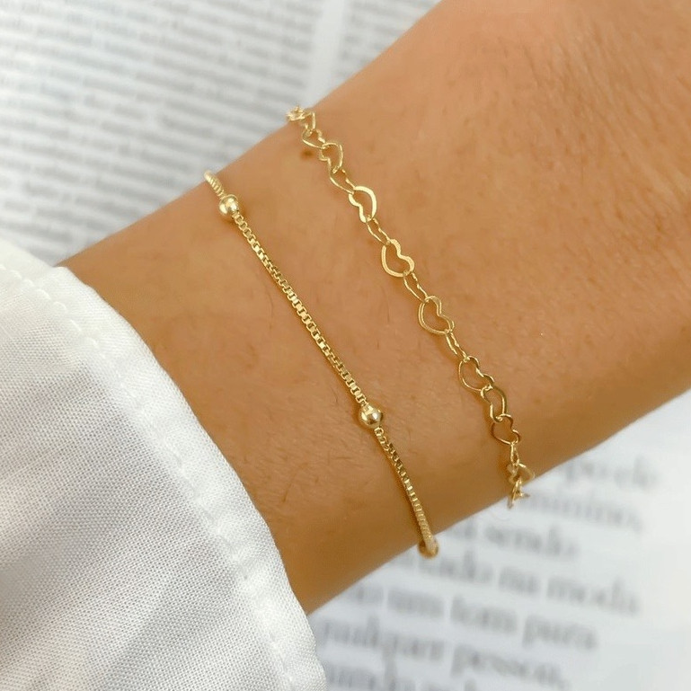 KIT 2 Pulseira Bolinha e Pulseira feminina corações Banhada a Ouro 18K