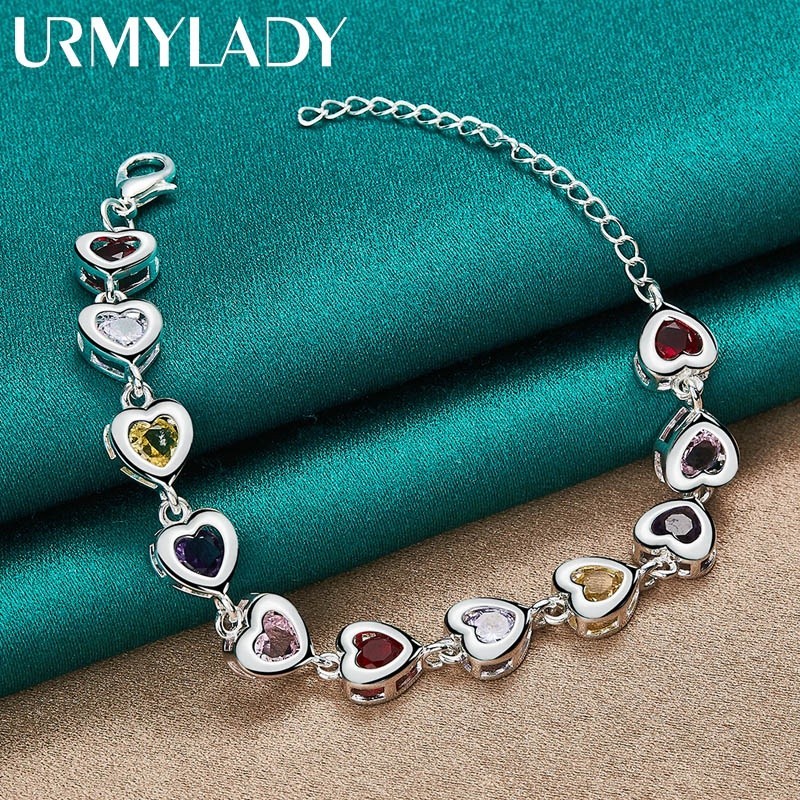 URMYLADY 925 Sterling Silver Heart Incrustado Com Pulseira De Corrente De Zircônio AAA Multicolor Para Festa De Noivado Mulher Jóias