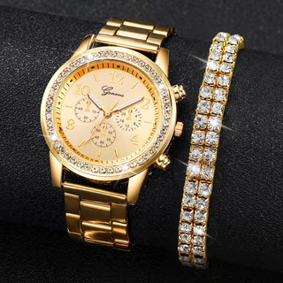Relógio Mulher Genebra Relógio Moda Moda Diamante Falsas Faixa de Aço com Três Olhos de Discagem Falsas Pulseira de Quartzo Pulseira de Coração de Diamante Cheio