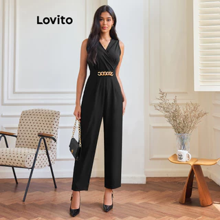 Lovito Macacão elegante com cinto de metal liso para mulheres LBL14557