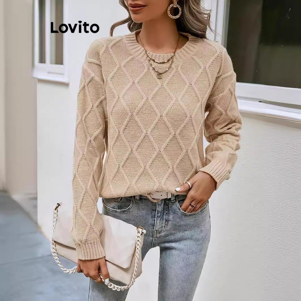 Lovito Suéter casual xadrez liso para mulheres LNL64300