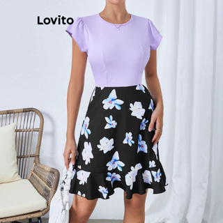 Lovito Vestido elegante com costura em tecido floral e flores para mulheres LBL16446