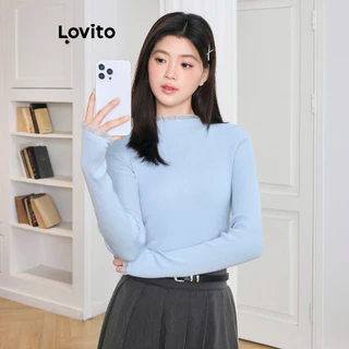 Lovito Suéter casual liso com acabamento em alface para mulheres L102AD210
