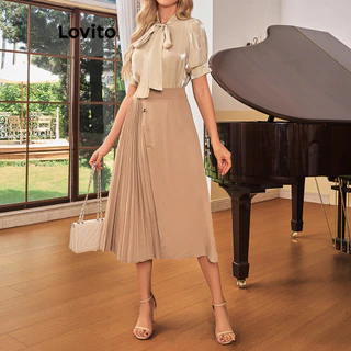 Lovito Elegante conjunto de saia assimétrica plissada com amarração frontal lisa para mulheres LBL17563