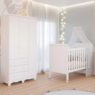 Quarto de Bebê Completo Berço Americano Cloe 2 em 1 Guarda Roupas 3 Portas 3 Gavetas Junior 100% MDF em Oferta na Shopee