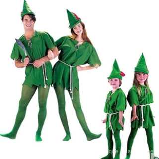 Fantasia de Peter Pan para Adultos, Crianças e Mulheres, Vestido Verde de Elfo Assistente Caçador, Papel de Filme de Des