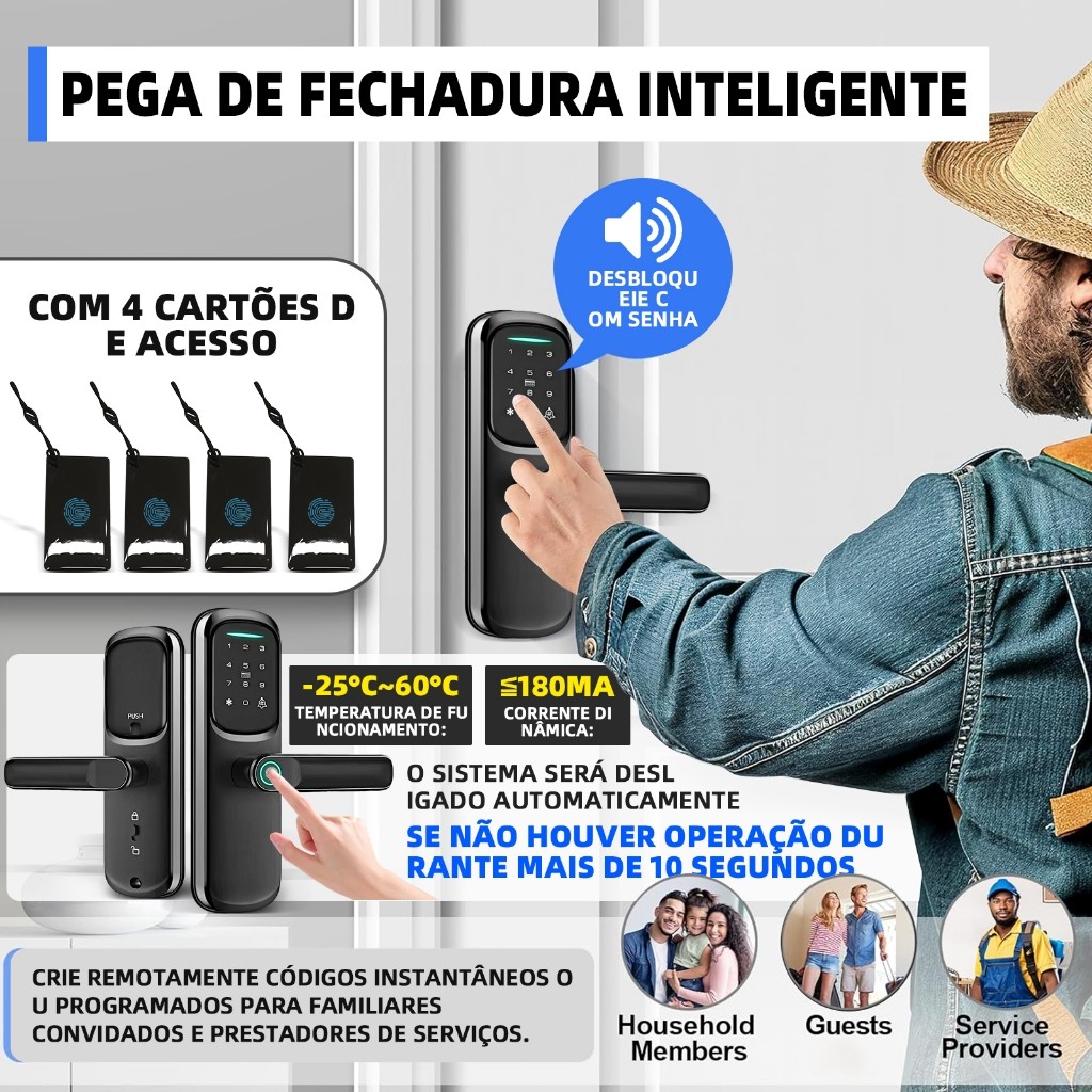 Fechadura Eletrônica Digital 4 em 1 Com Biometria, Bluetooth