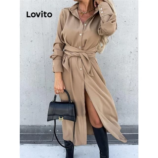 Lovito Vestido casual liso com botões de renda para mulheres LNL57036