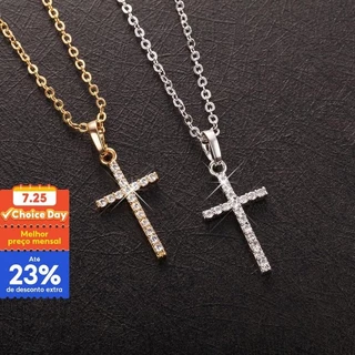 Colar Em Cruz Simples Ouro Prata Cristal Jesus Pingente Corrente Jóias De Casal Masculino Feminino