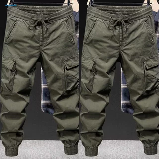 Breathable Polyester Pants Plus Size Men's Cargo Drawstring Elastic Waist Loose Multi Pockets Solid Color Soft Ankle-banded Daily Sports Streetwear
